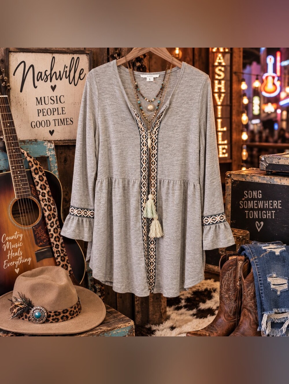 Easel Boho Tunic Top L Embroidered Tassel Tie Bell Sleeve Oatmeal